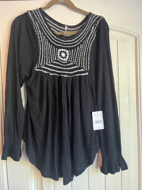 Free People Black Long-Sleeve Tunic with White Embroidered Yoke